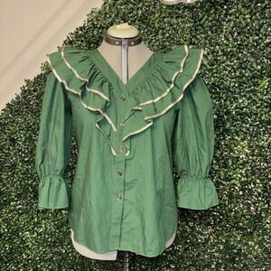 Malco Modes Ruffle Prairie Blouse Green Square Dance Top Cottagecore Medium